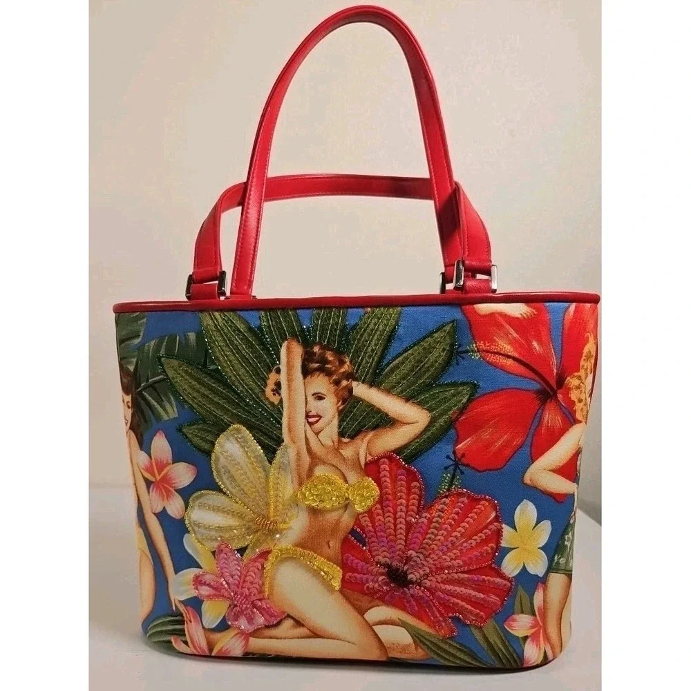 ISABELLA FIORE RARE Vintage Hawaiian Pin up Girls Bag Tote Floral Gorgeous!!